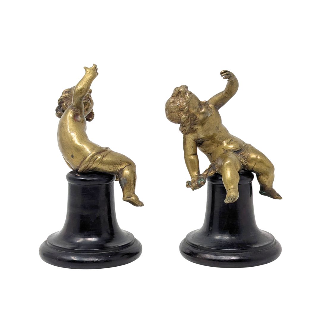 Antique Pair of 7.5" Gilt Bronze Putti/Cherub Statues on Original Wood Bases
