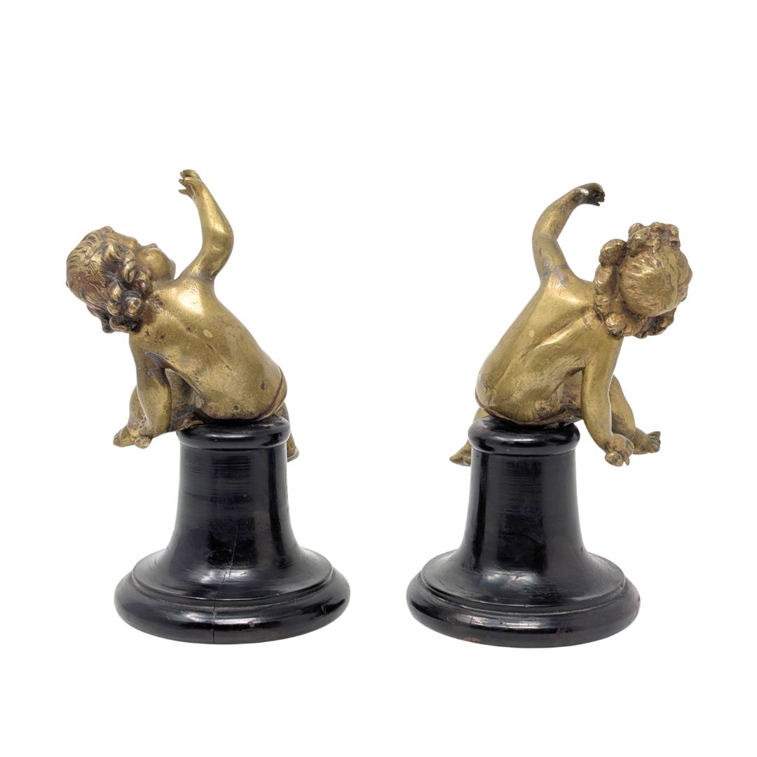Antique Pair of 7.5" Gilt Bronze Putti/Cherub Statues on Original Wood Bases