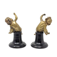 Antique Pair of 7.5" Gilt Bronze Putti/Cherub Statues on Original Wood Bases