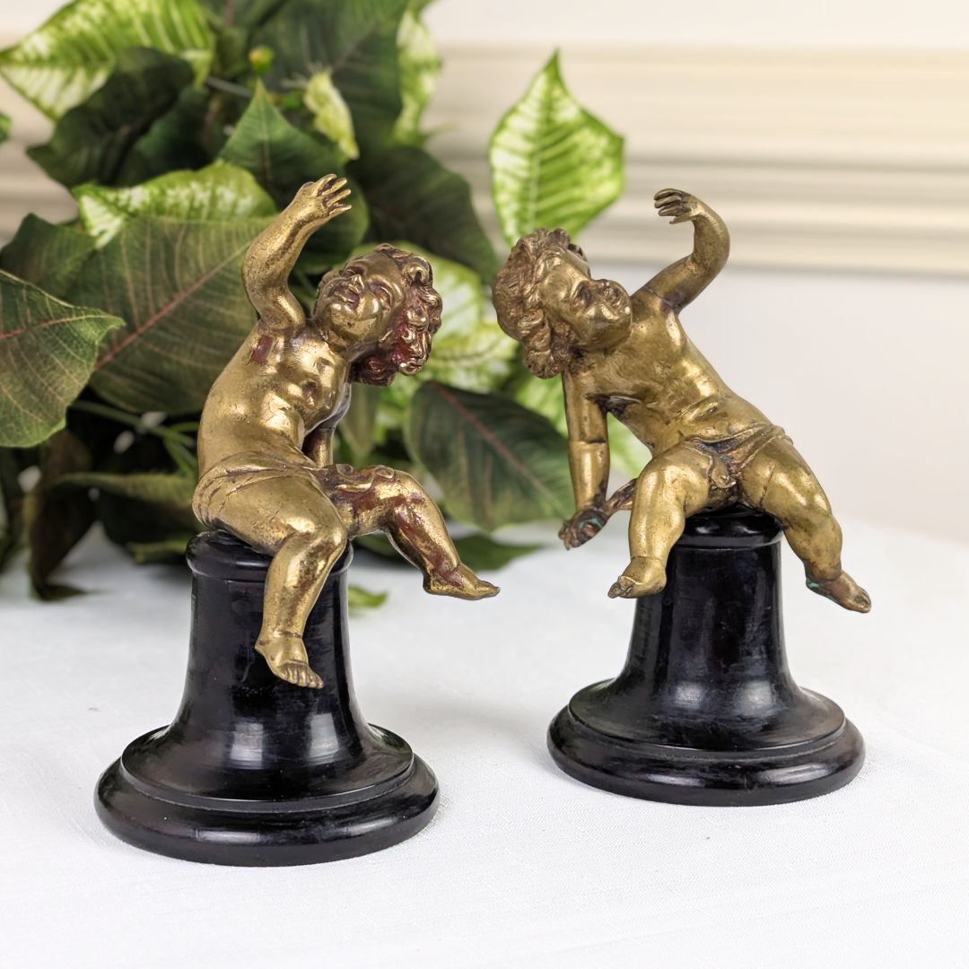 Antique Pair of 7.5" Gilt Bronze Putti/Cherub Statues on Original Wood Bases