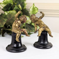 Antique Pair of 7.5" Gilt Bronze Putti/Cherub Statues on Original Wood Bases