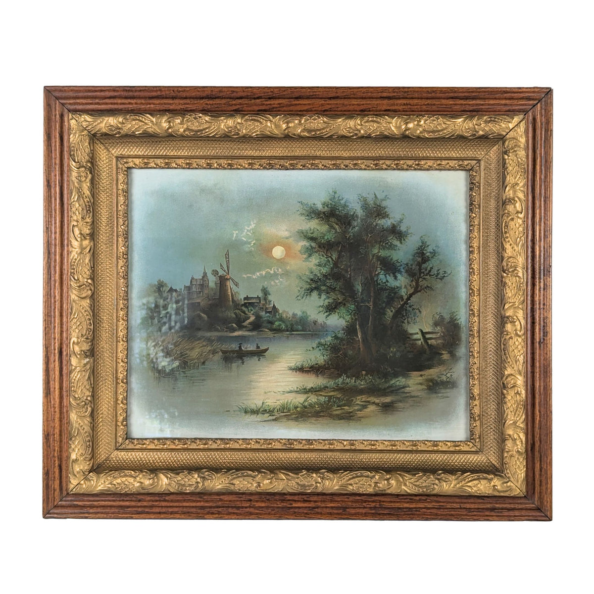 Antique Framed Hallen & Weiner Chromolithograph Landscape c. 1890 - Wavy Glass