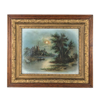 Antique Framed Hallen & Weiner Chromolithograph Landscape c. 1890 - Wavy Glass