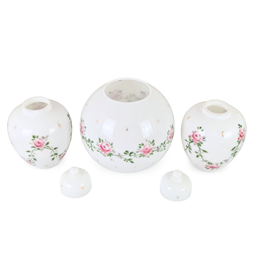 Vintage Consolidated Glass Con-Cora Milk Glass 3-Piece Garniture Set, Pink Roses