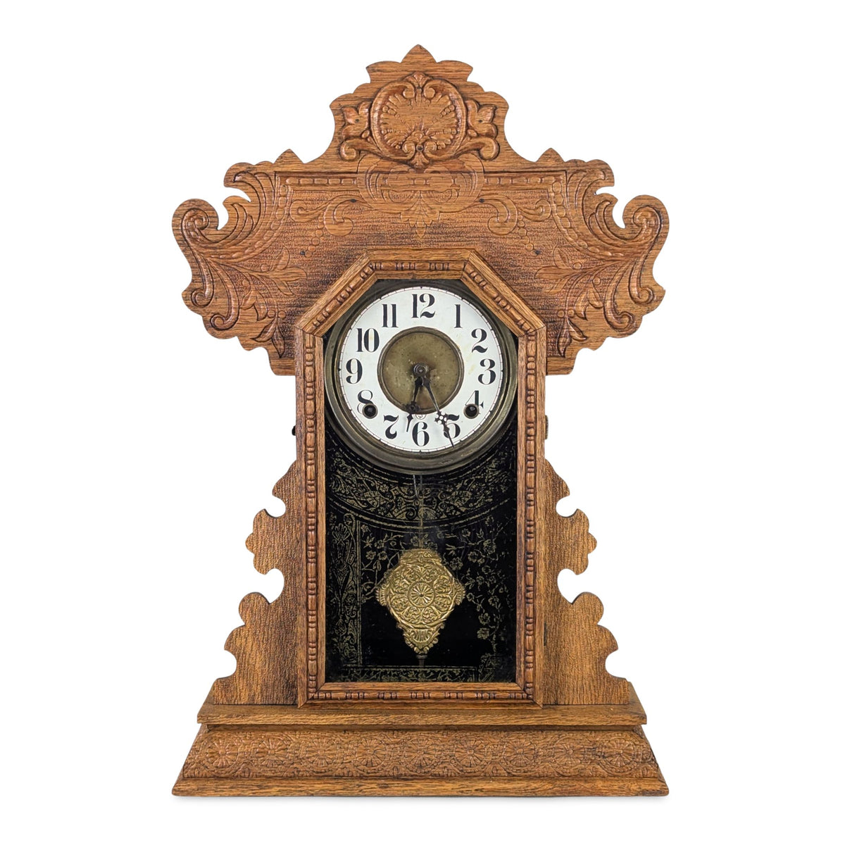 Antique E. Ingraham "Minerva" Oak Gingerbread Mantel Clock – Working Perfectly
