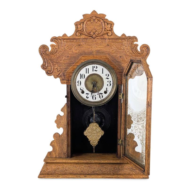Antique E. Ingraham "Minerva" Oak Gingerbread Mantel Clock – Working Perfectly