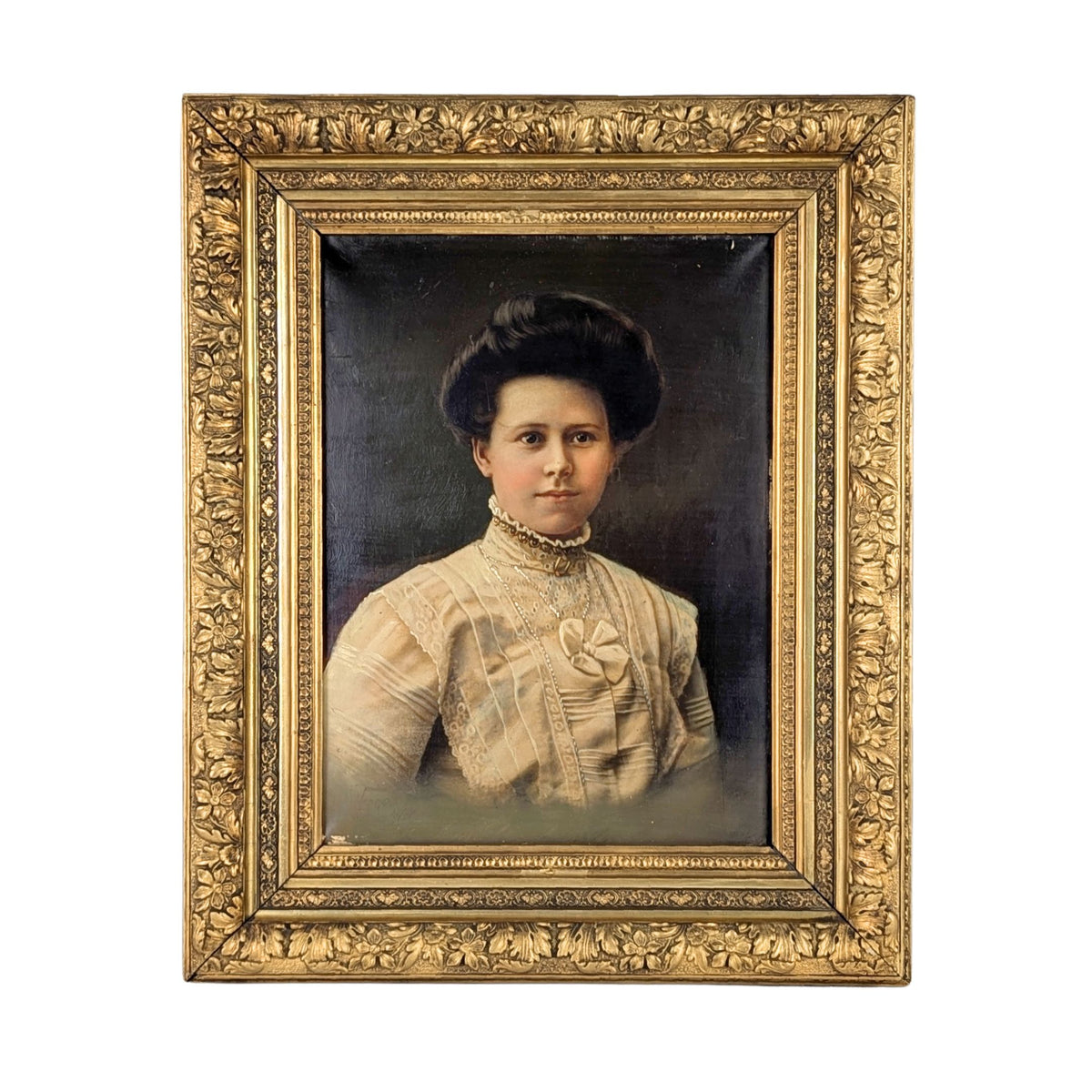 Antique Late Victorian / Edwardian Portrait Painting in Ornate Gilded Frame