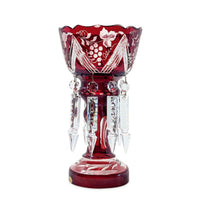 Mid-Century West German Ruby Cut-to-Clear Glass Mantle Luster W/ Crystal Prisms