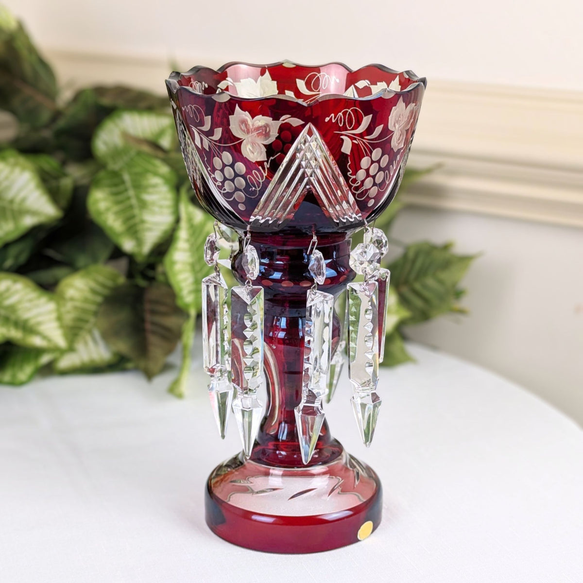 Mid-Century West German Ruby Cut-to-Clear Glass Mantle Luster W/ Crystal Prisms