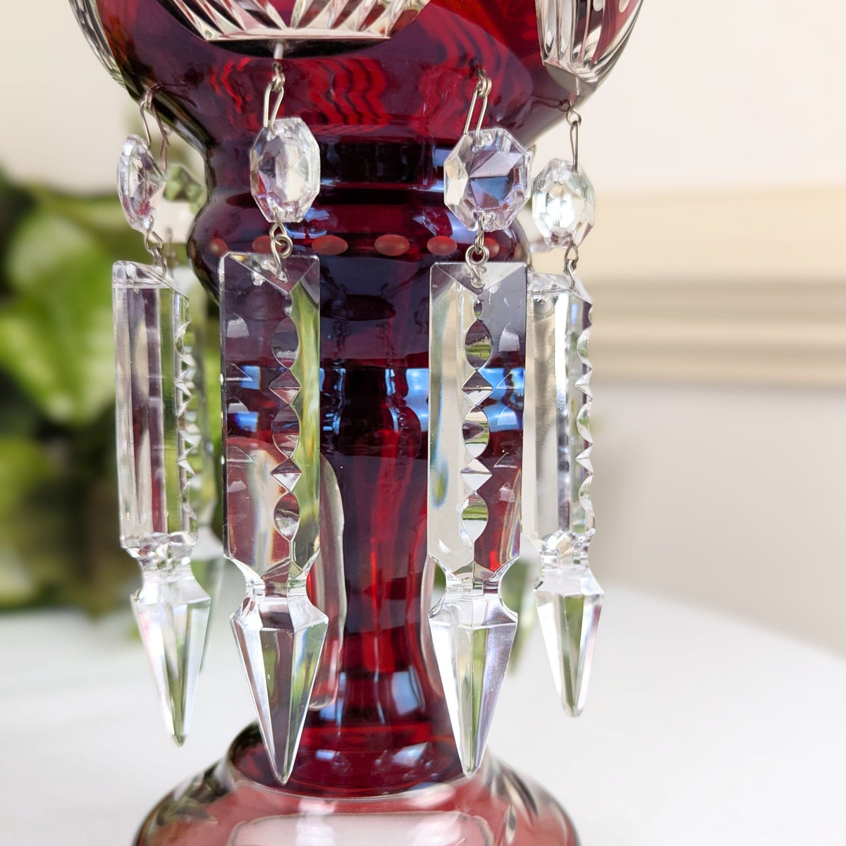 Mid-Century West German Ruby Cut-to-Clear Glass Mantle Luster W/ Crystal Prisms