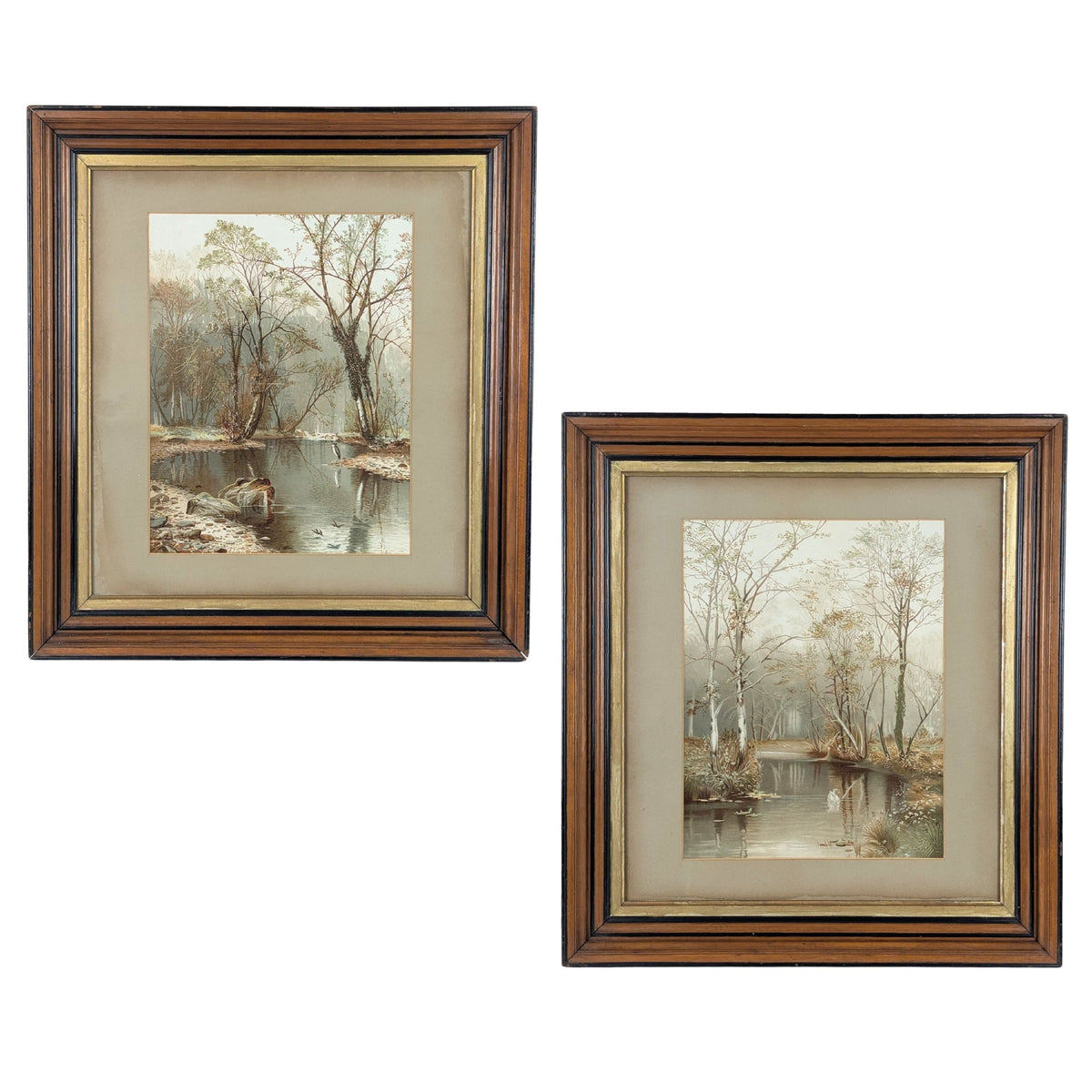 Pair of Framed Antique Chromolithographs of River Scenes by Edward J. Duval