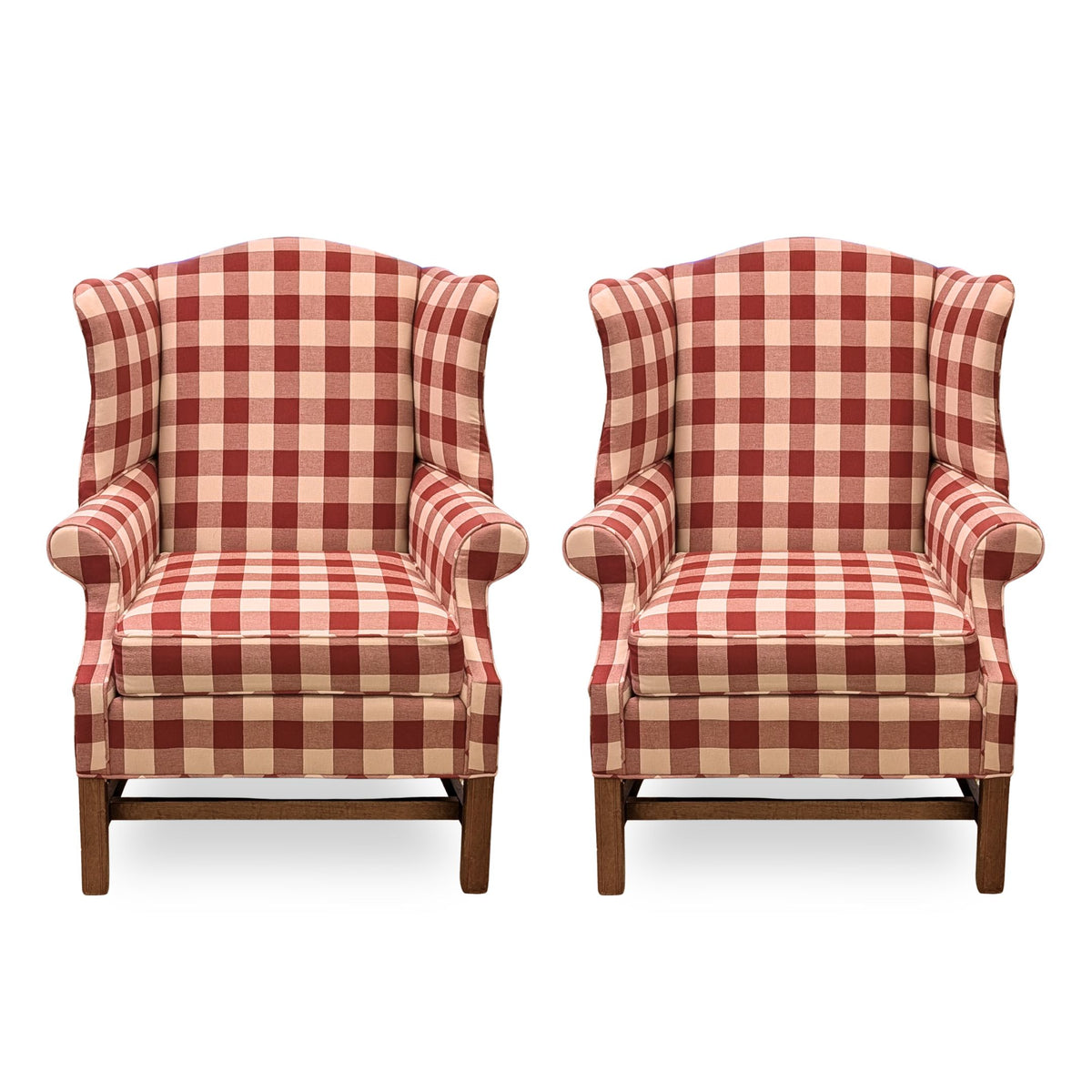Pair of Johnston Benchworks Red Buffalo Check Wingback Chairs - Mint Condition