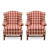 Pair of Johnston Benchworks Red Buffalo Check Wingback Chairs - Mint Condition