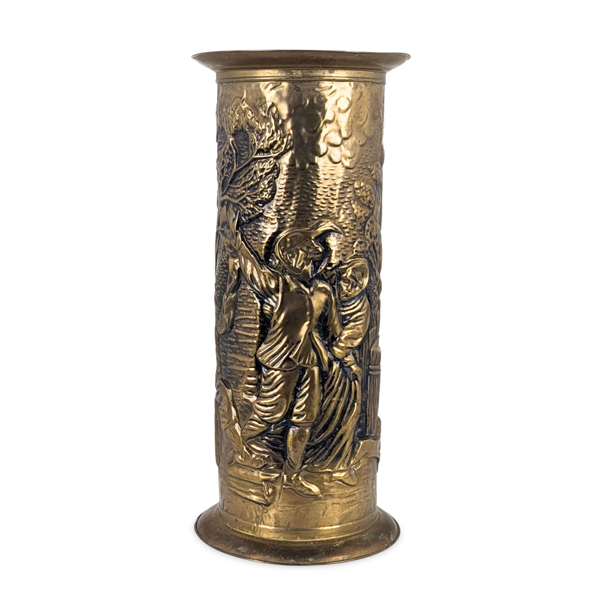 Vintage English Brass Umbrella Stand/Cane Holder, Embossed Tavern Pub Scene
