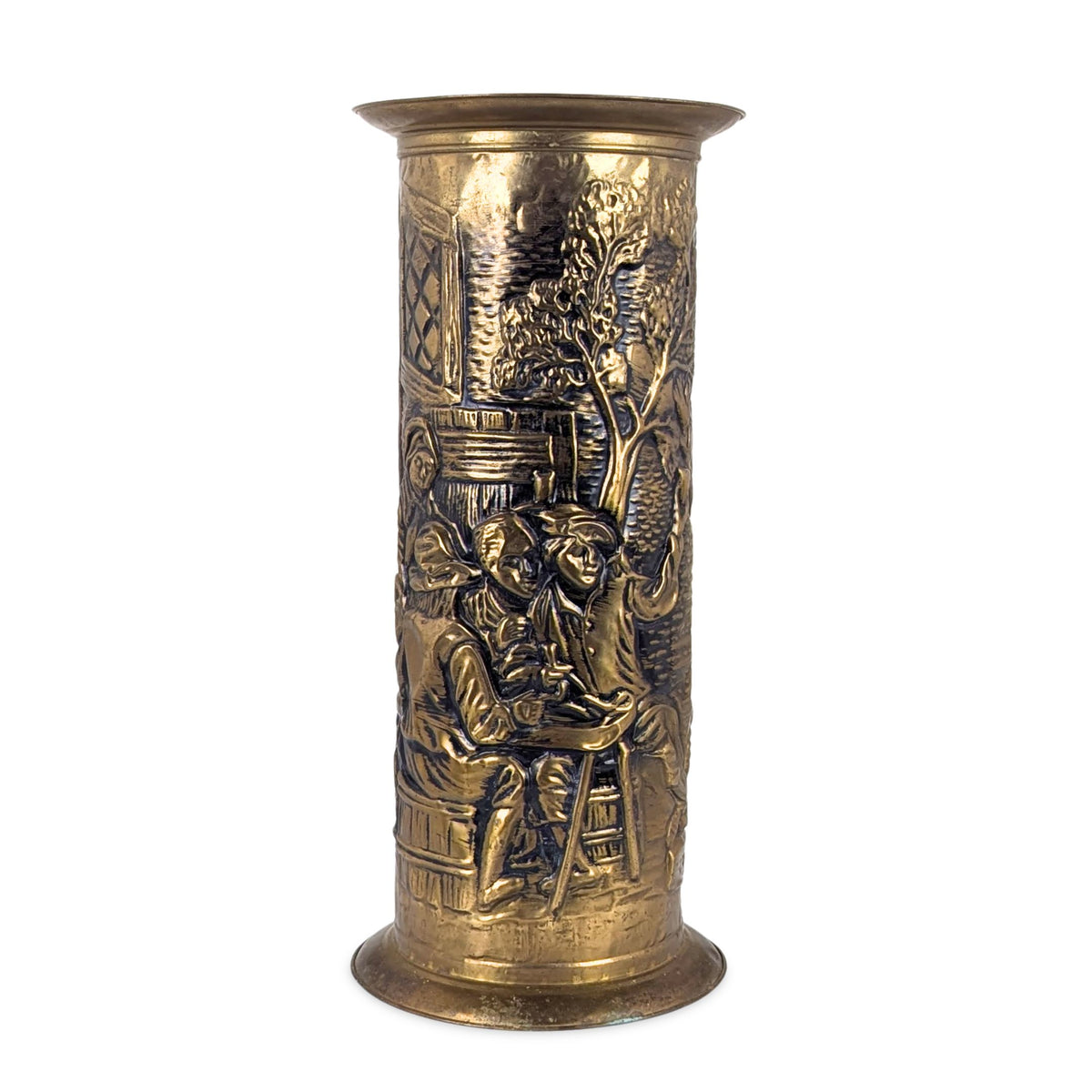 Vintage English Brass Umbrella Stand/Cane Holder, Embossed Tavern Pub Scene