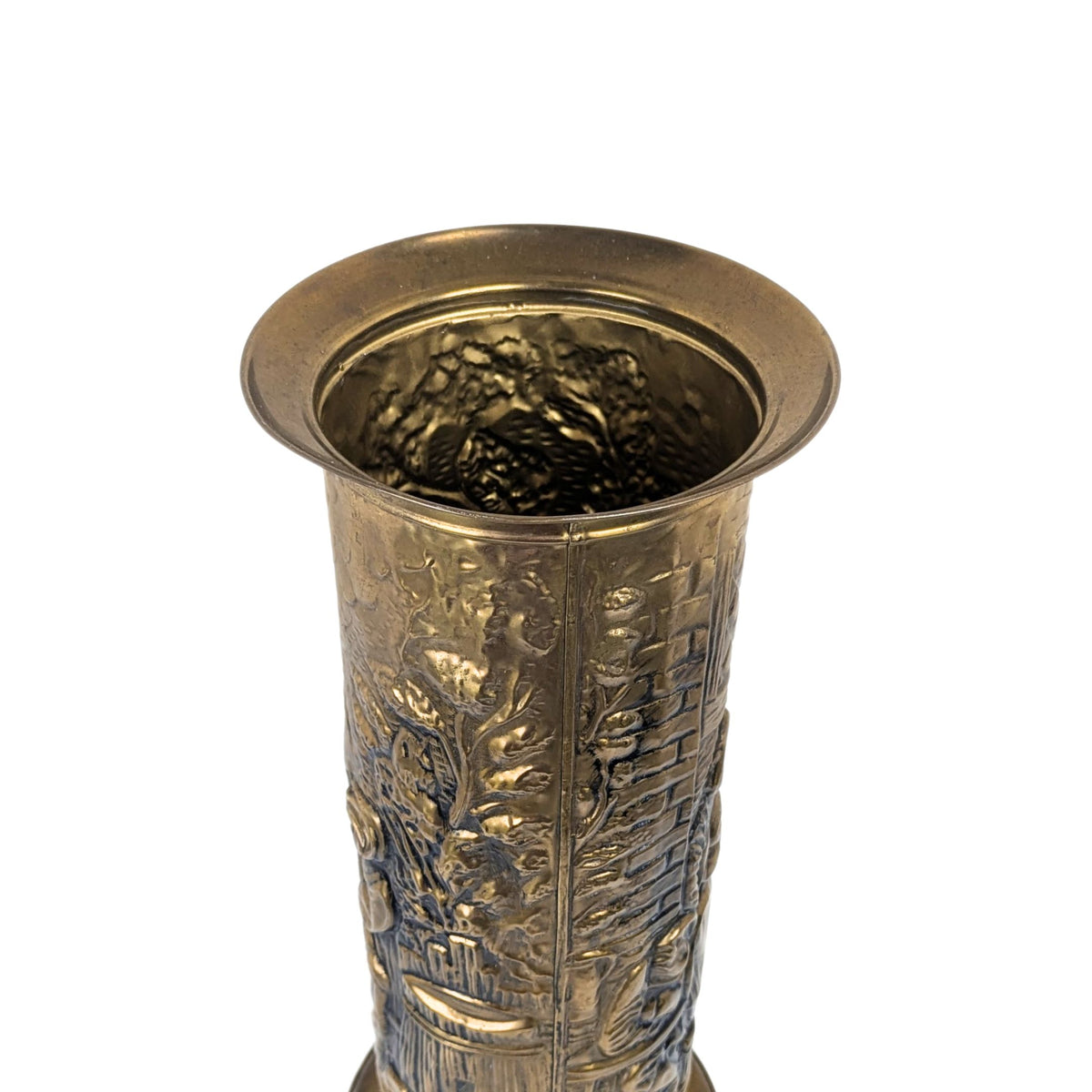 Vintage English Brass Umbrella Stand/Cane Holder, Embossed Tavern Pub Scene