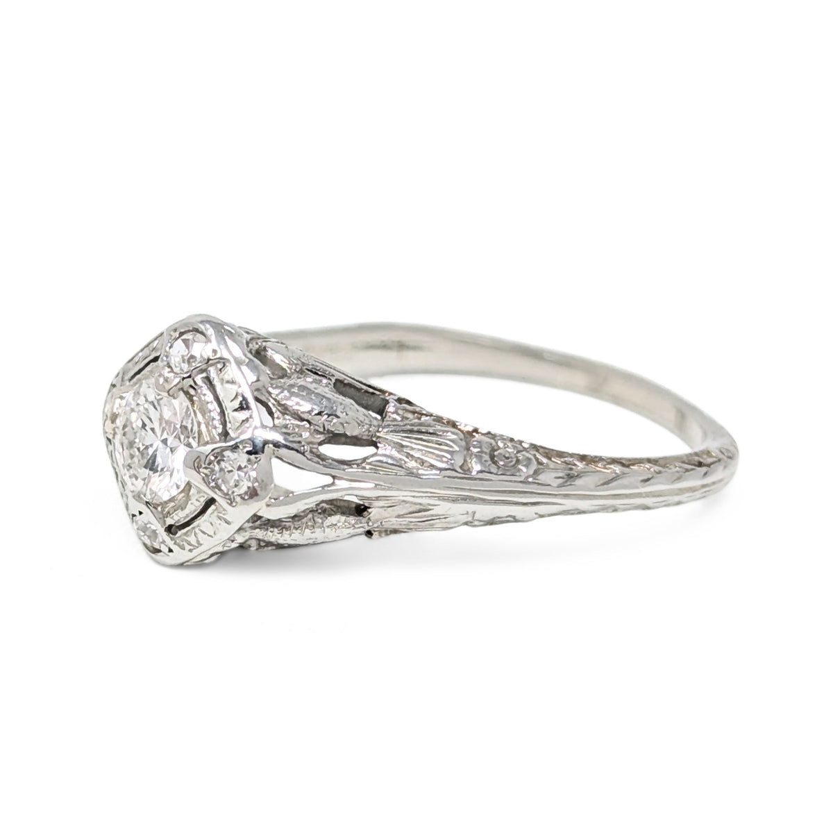 MG Lovebird Art Deco 18K White Gold OEC Diamond Filigree Engagement Ring, Sz 6.5