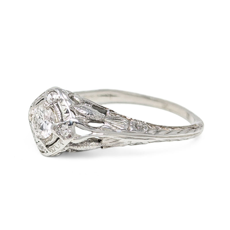 MG Lovebird Art Deco 18K White Gold OEC Diamond Filigree Engagement Ring, Sz 6.5