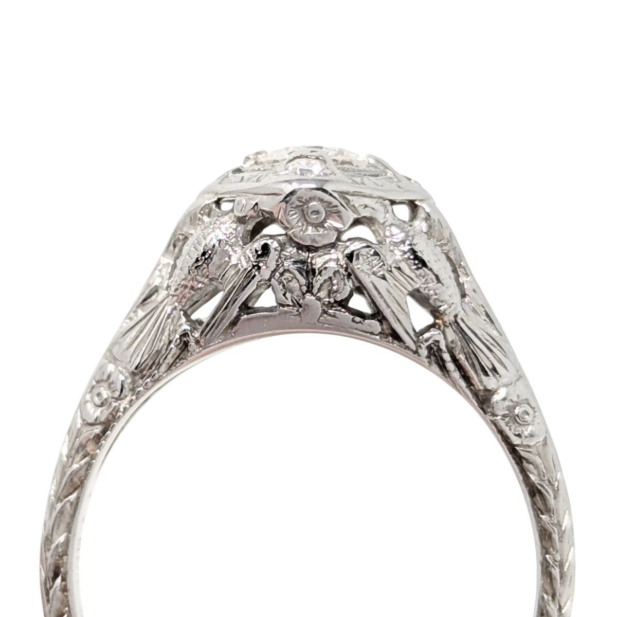 MG Lovebird Art Deco 18K White Gold OEC Diamond Filigree Engagement Ring, Sz 6.5