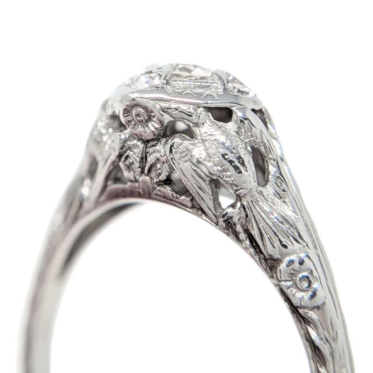 MG Lovebird Art Deco 18K White Gold OEC Diamond Filigree Engagement Ring, Sz 6.5