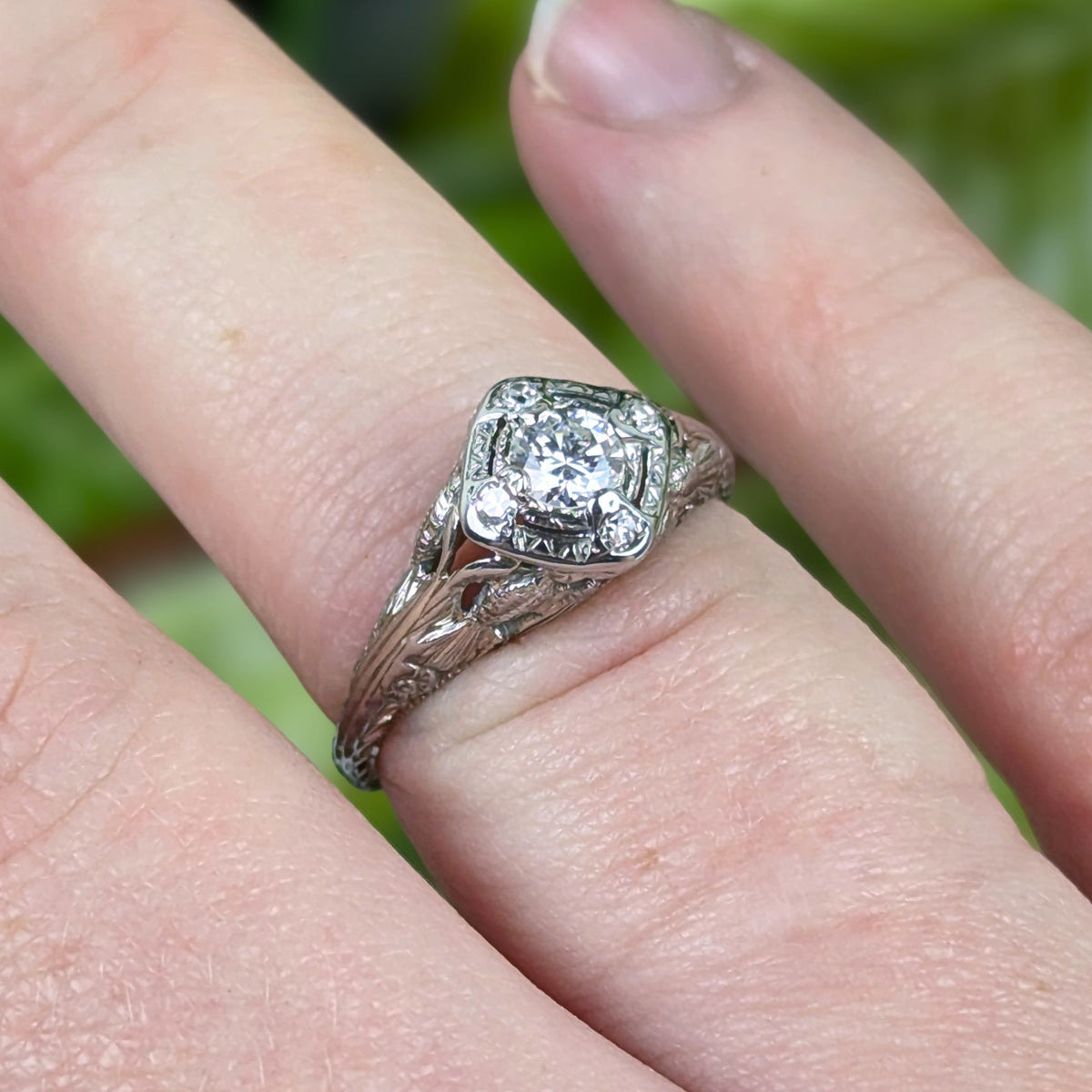 MG Lovebird Art Deco 18K White Gold OEC Diamond Filigree Engagement Ring, Sz 6.5