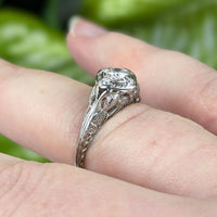 MG Lovebird Art Deco 18K White Gold OEC Diamond Filigree Engagement Ring, Sz 6.5