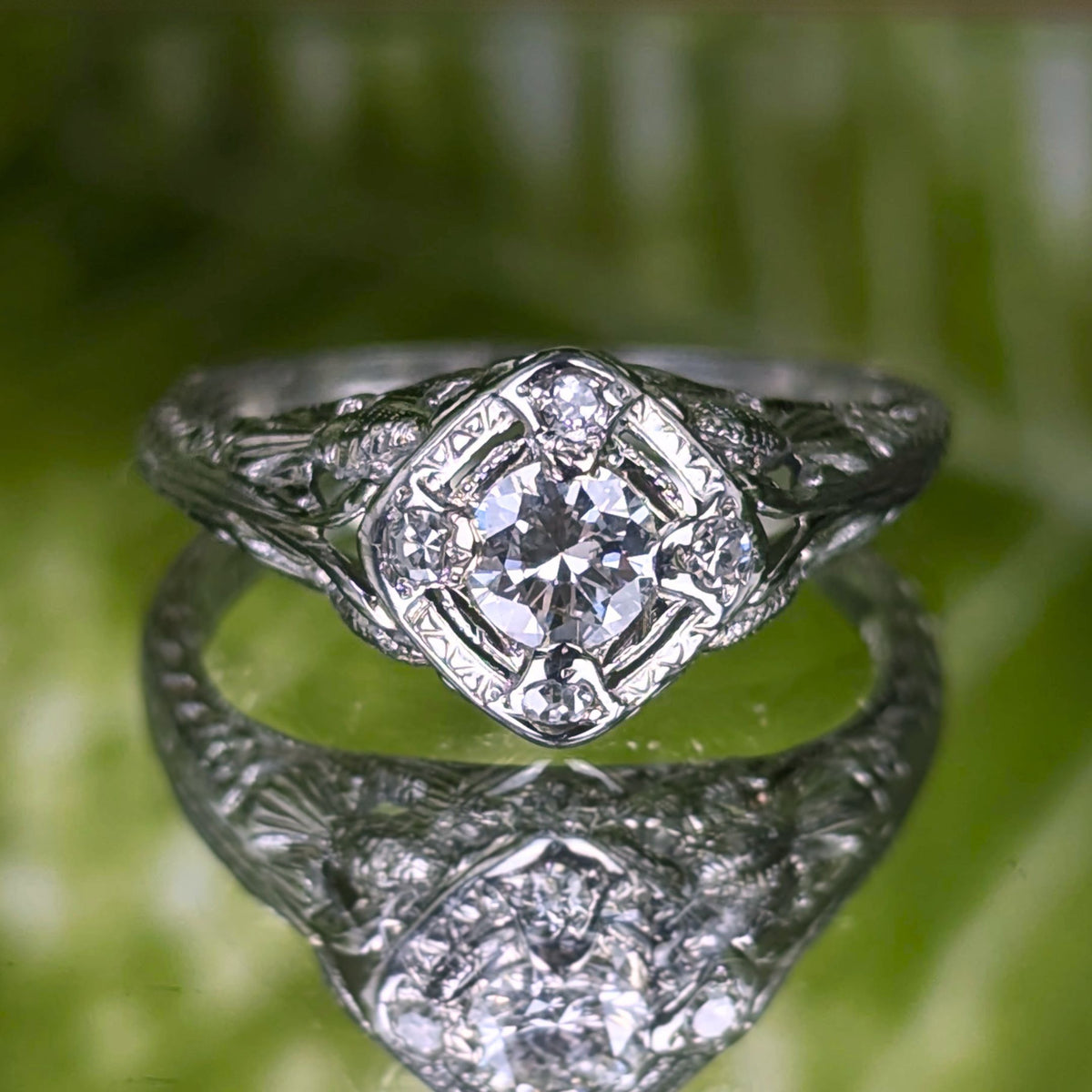MG Lovebird Art Deco 18K White Gold OEC Diamond Filigree Engagement Ring, Sz 6.5