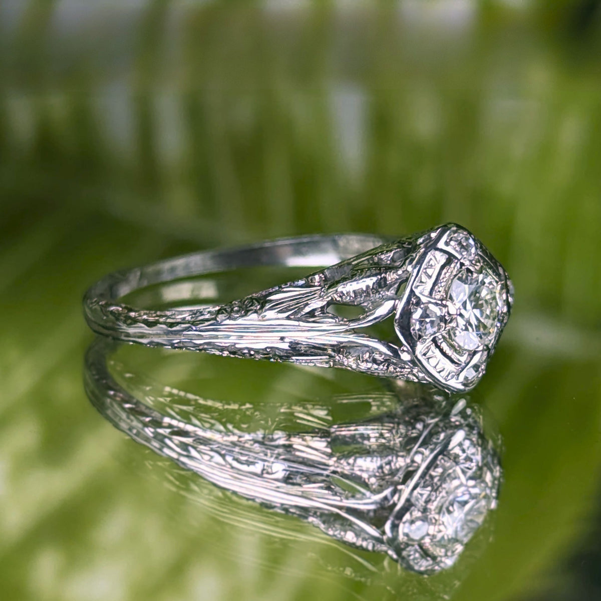 MG Lovebird Art Deco 18K White Gold OEC Diamond Filigree Engagement Ring, Sz 6.5