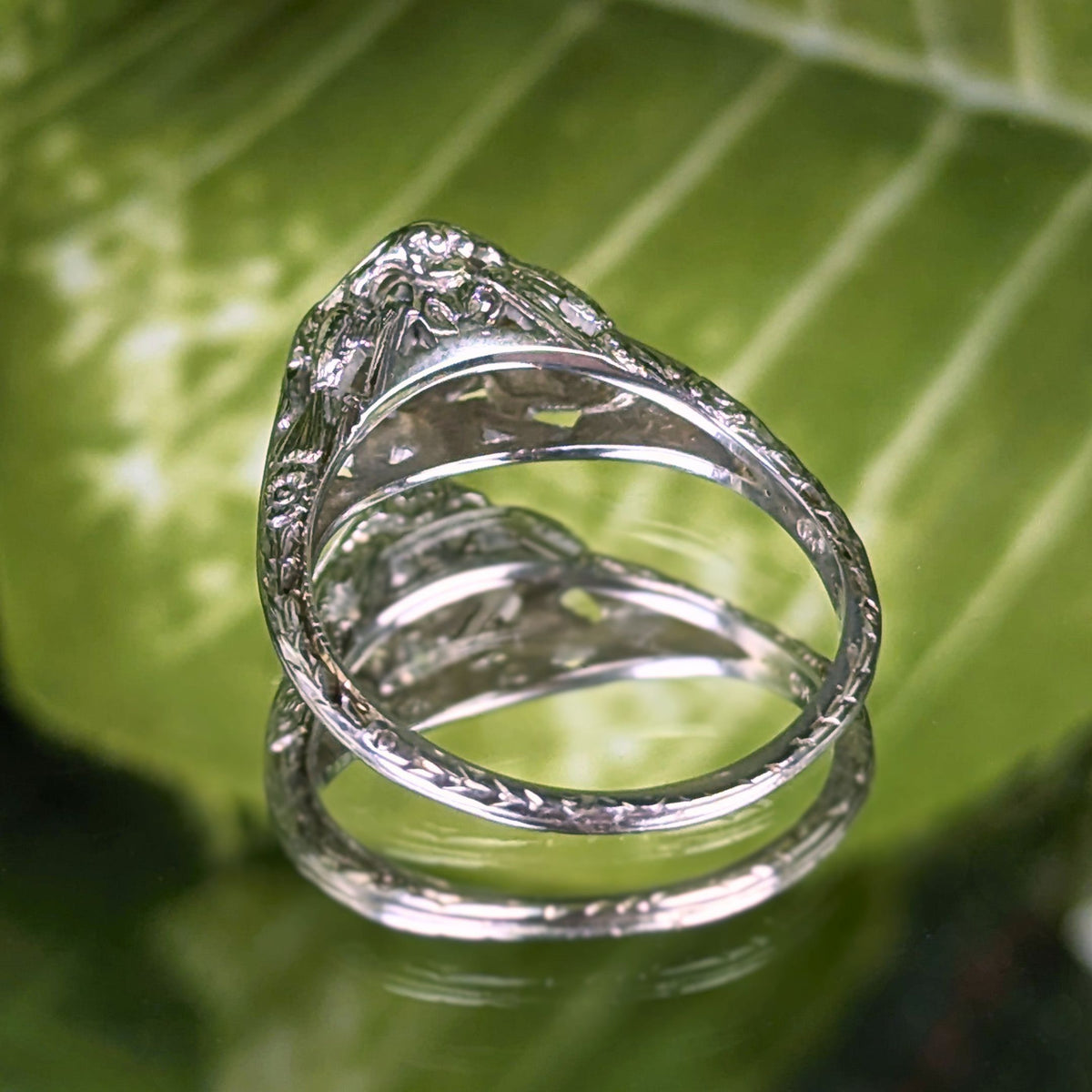 MG Lovebird Art Deco 18K White Gold OEC Diamond Filigree Engagement Ring, Sz 6.5