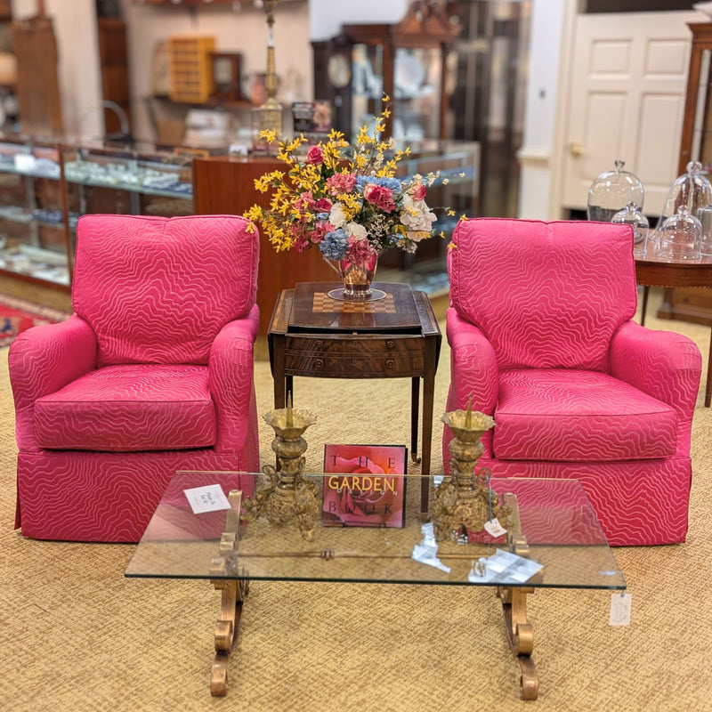 Pair of Wesley Hall Custom Swivel Glider Club Chairs - Designer Pink Fabric (With Covers)