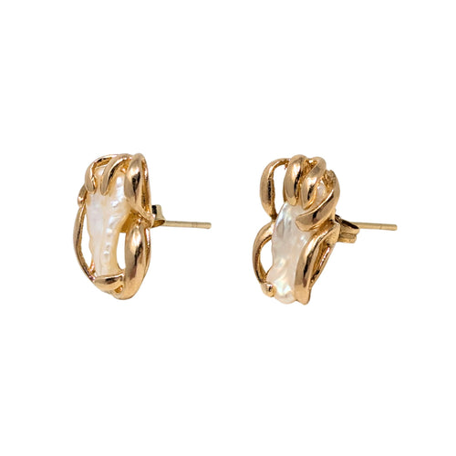 Vintage 14K Gold Baroque Pearl Caged Stud Earrings, 4.4g