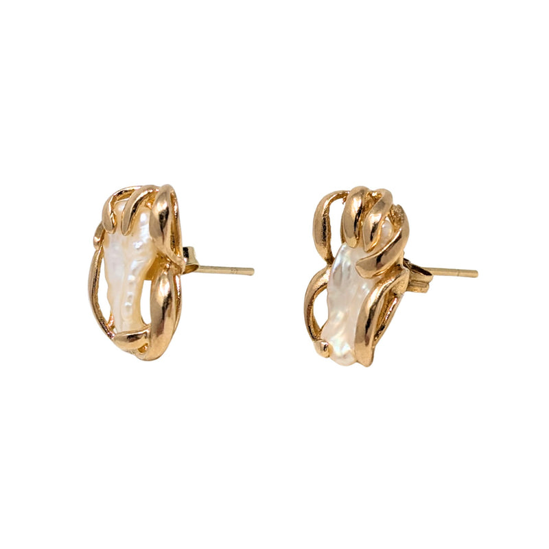 Vintage 14K Gold Baroque Pearl Caged Stud Earrings, 4.4g