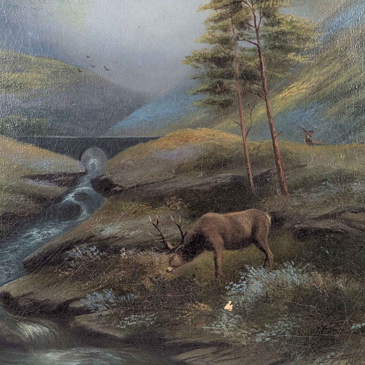 Stag in the Scottish Highlands Oil on Canvas by Ernest F. Hill, ca. 1920