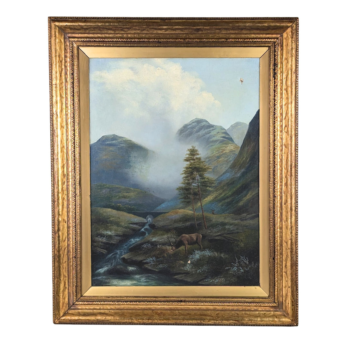 Stag in the Scottish Highlands Oil on Canvas by Ernest F. Hill, ca. 1920