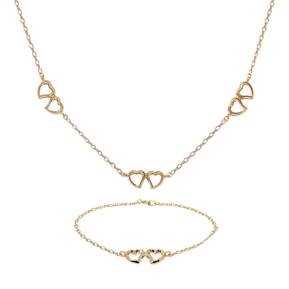 Vintage 14K Gold Open Double Heart 16” Necklace & 7” Bracelet