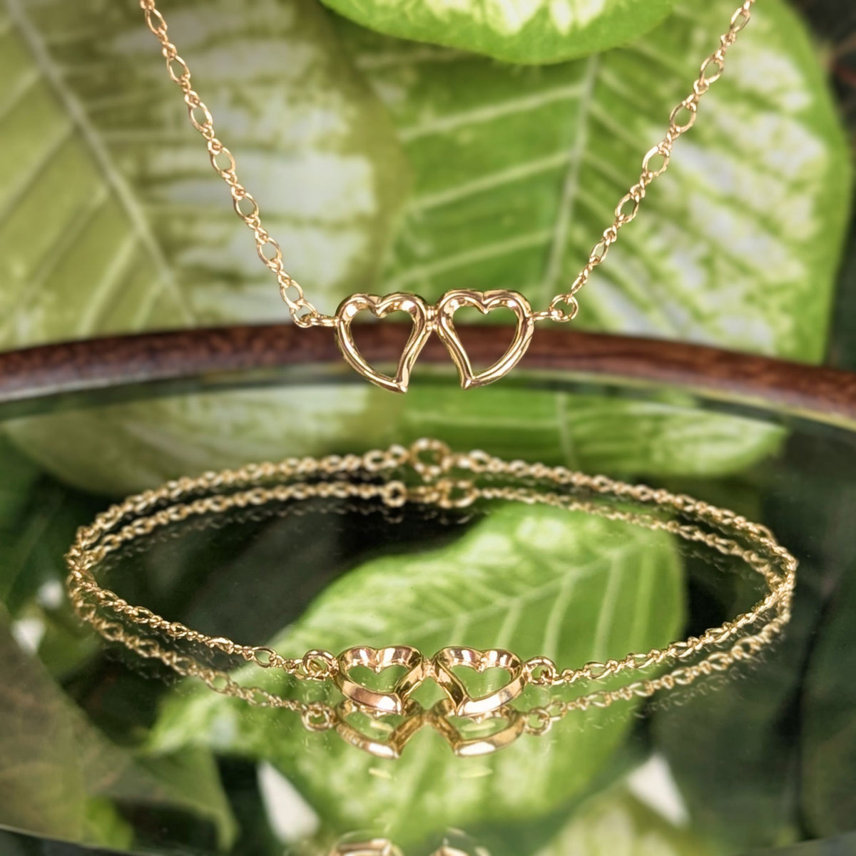 Vintage 14K Gold Open Double Heart 16” Necklace & 7” Bracelet