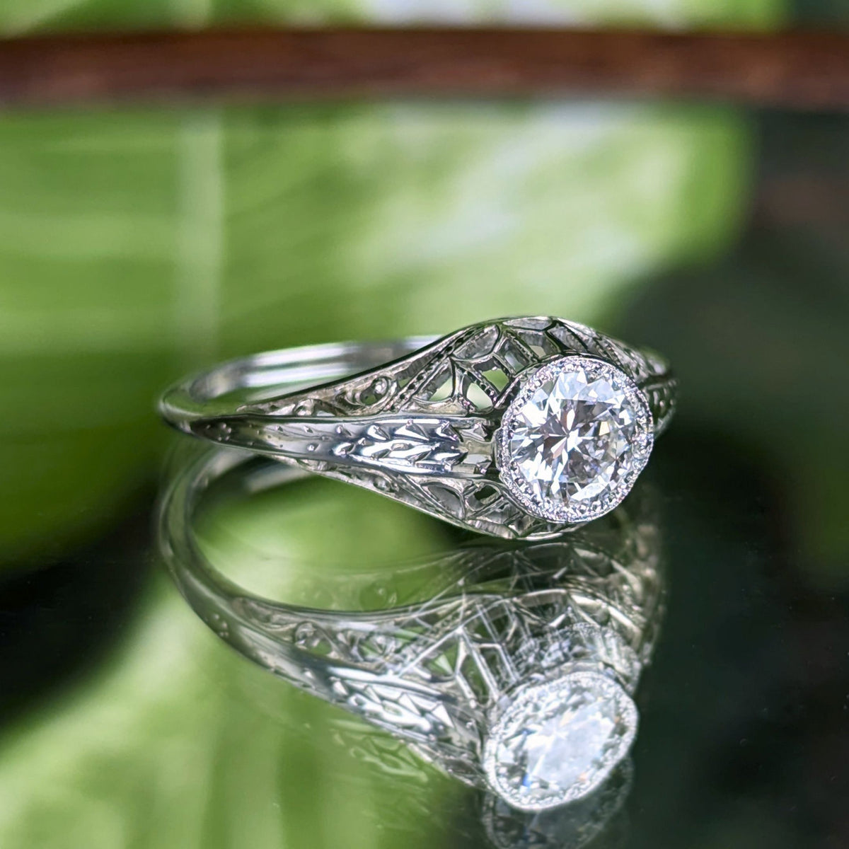 Antique Art Deco 18K White Gold 0.60ct Old European Cut Diamond Ring - Sz 6.5