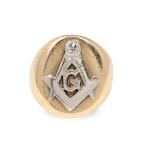 Antique 14K/15K Gold Masonic Signet Ring 14.4g Old Euro Diamond - Size 7.25