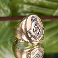 Antique 14K/15K Gold Masonic Signet Ring 14.4g Old Euro Diamond - Size 7.25