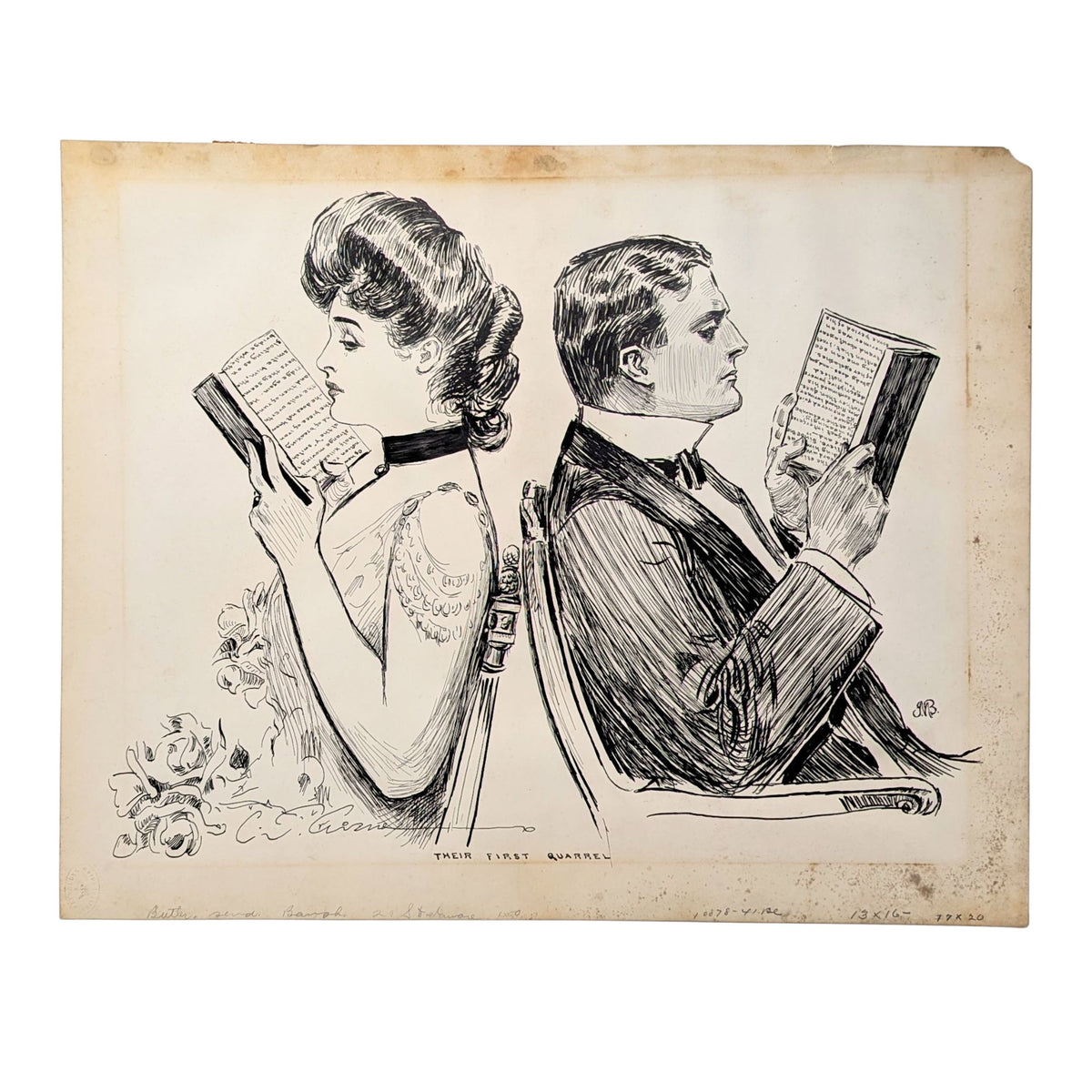 1902 Pen & Ink Drawing on Bristol Board "Their First Quarrel" After C.D. Gibson