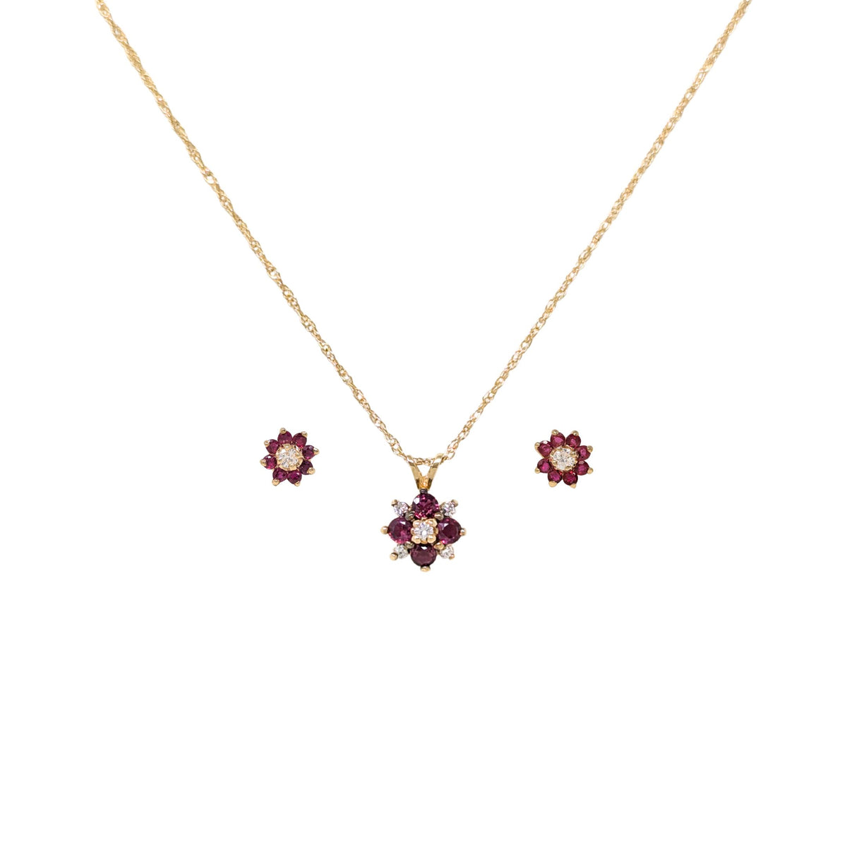 13K Gold Red Spinel & Diamond Necklace & Earrings Set
