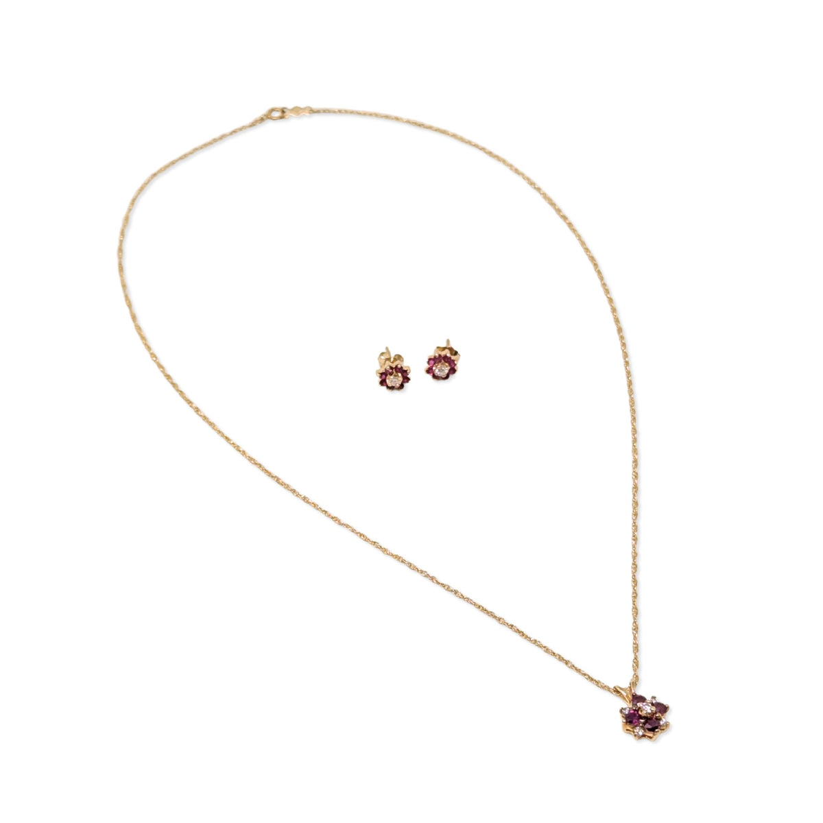 13K Gold Red Spinel & Diamond Necklace & Earrings Set