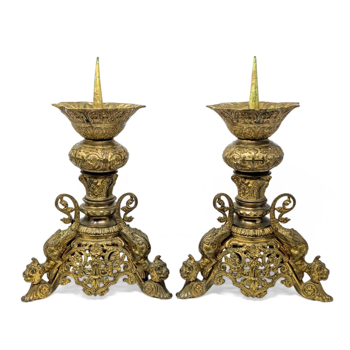 Antique Gilt Bronze 15" Alter/Tabernacle Pricket Candlesticks (Pair)