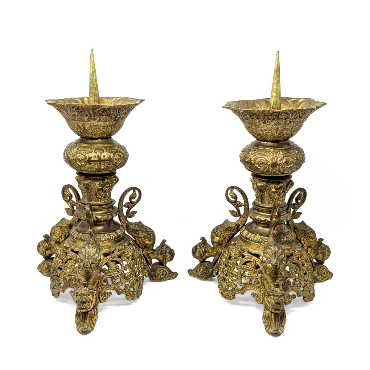 Antique Gilt Bronze 15" Alter/Tabernacle Pricket Candlesticks (Pair)