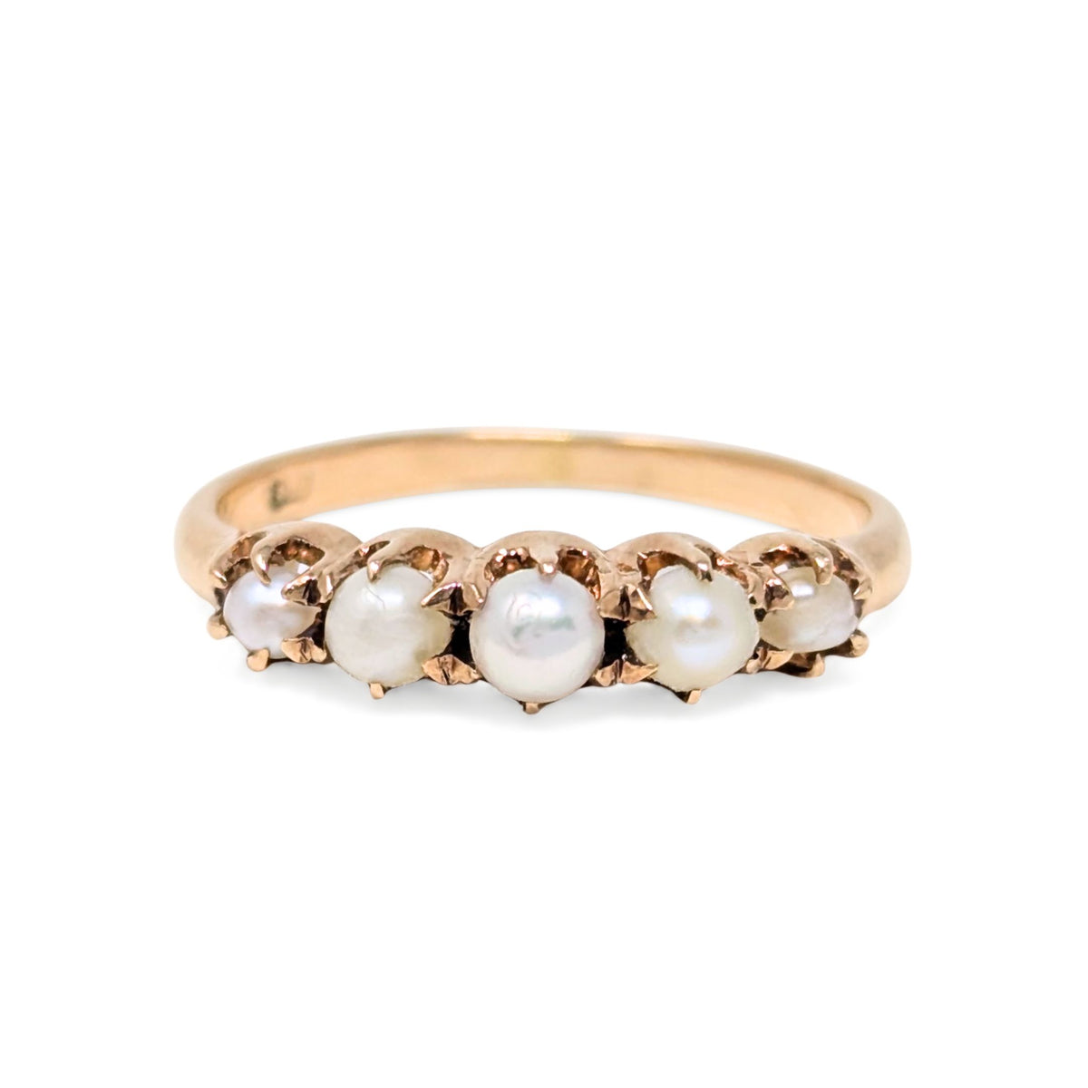 Antique Victorian 10K Gold 5 Pearl Half Hoop Pinky Ring - Size 4