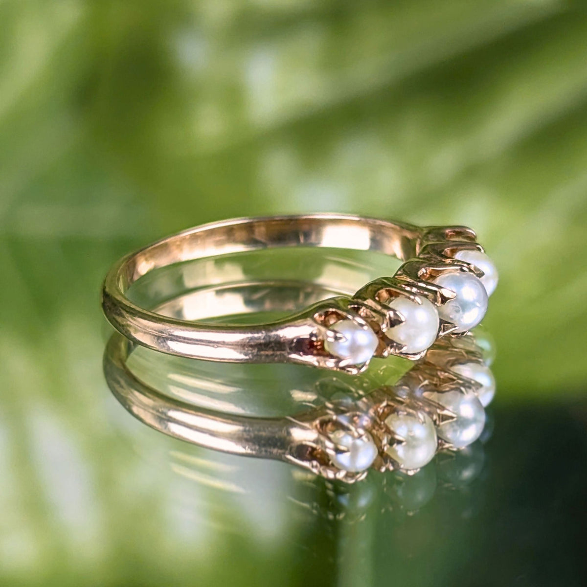 Antique Victorian 10K Gold 5 Pearl Half Hoop Pinky Ring - Size 4