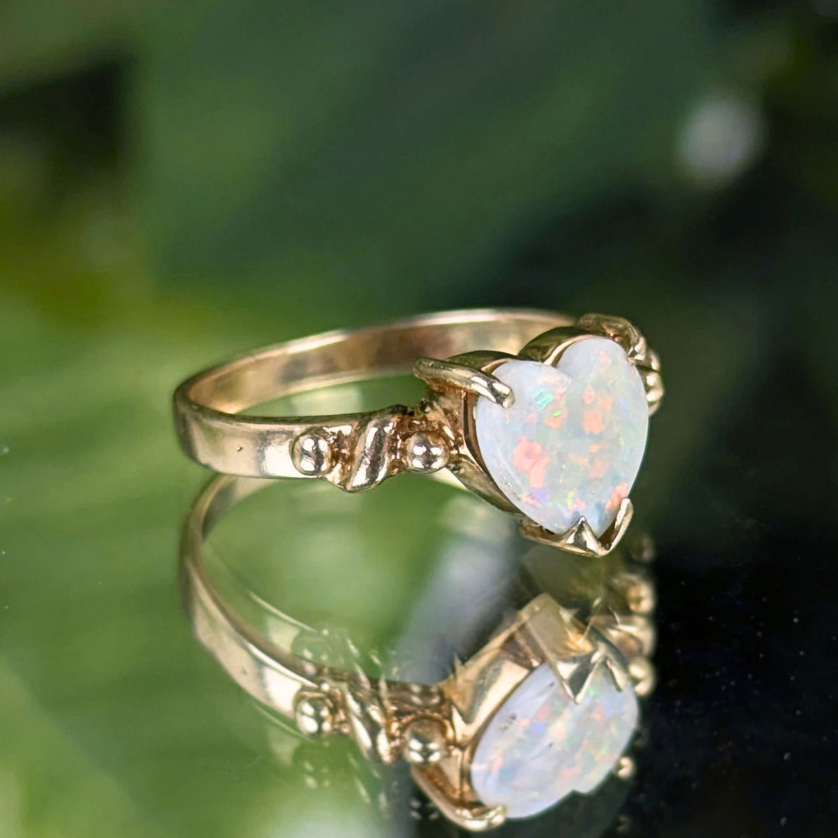 10K Yellow Gold Heart Cut Natural Opal Pinky Ring  - Size 4