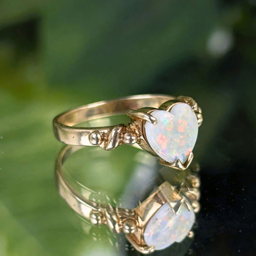 10K Yellow Gold Heart Cut Natural Opal Pinky Ring  - Size 4
