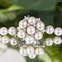 Vintage 30" Cultured Pearl Necklace, 14K/13K White Gold Diamond Cluster Clasp