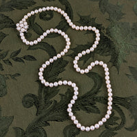 Vintage 30" Cultured Pearl Necklace, 14K/13K White Gold Diamond Cluster Clasp